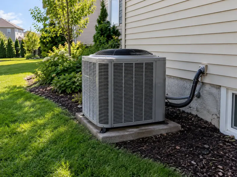 An outdoor central air conditioner condenser sits on a concrete pad beside a beige vinyl-sided house, with a green summer lawn and a mulched shrub bed.