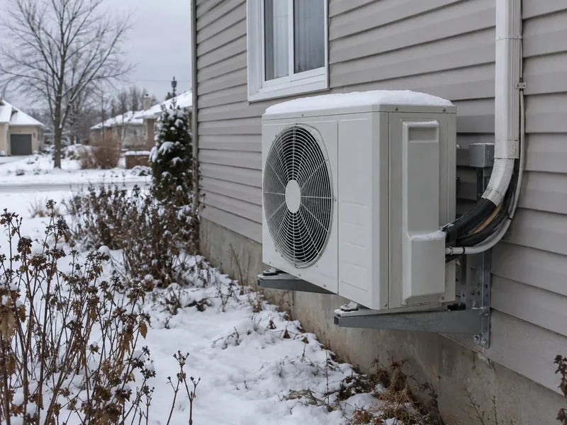 An outdoor heat pump unit with snow on top is mounted on a galvanised wall bracket against grey vinyl siding, with snow on the ground and on the garden shrubs.