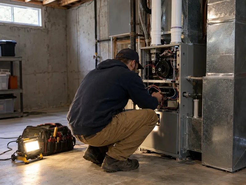 An HVAC technician crouches at an open high-efficiency gas furnace in an unfinished basement, with two white PVC vent pipes rising from the top and a tool bag and work light on the floor.